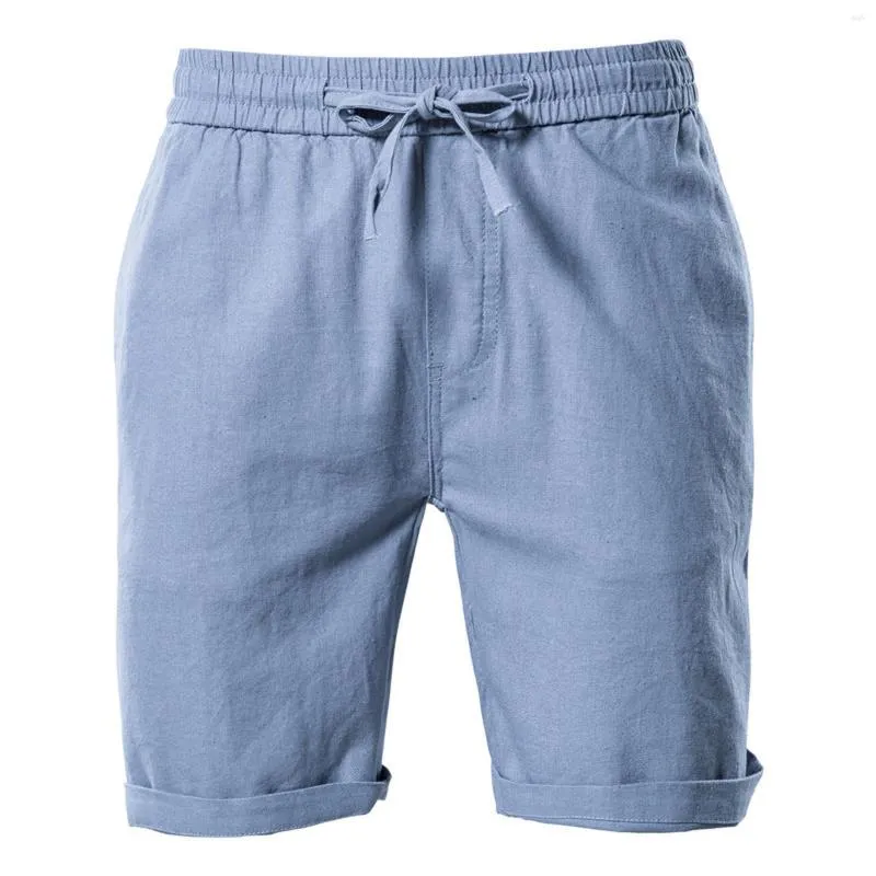 Shorts masculino de linho de algodão cordão respirável cintura elástica calça de cinco pontas masculina cargo verão bolsos médios pantalones de praia