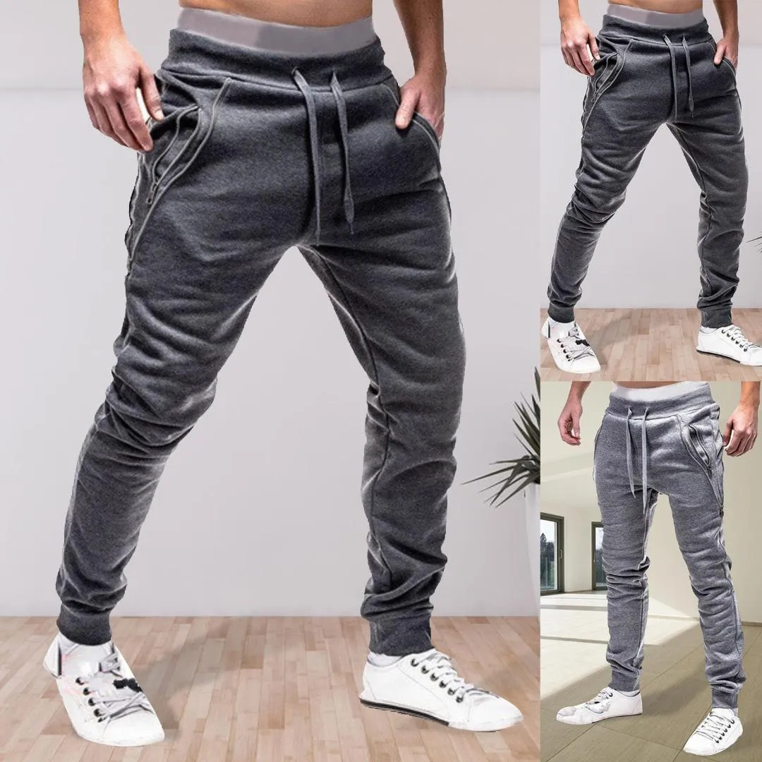 Erkekler Braghstring fermuarlı cepler ayak bileği bağlı eşofman sporları spor pantolonlar sıska pantolon spor salonları pantolon erkekler rahat gevşek pantolon