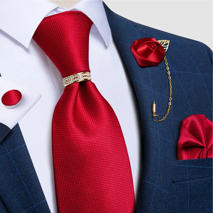 Neck Ties Luxury Red Solid Paisley Silk Ties for Men with Tie Ring Brooch Pin Wedding Party Men Accessories Handkerchief Cufflinks Gift 230717