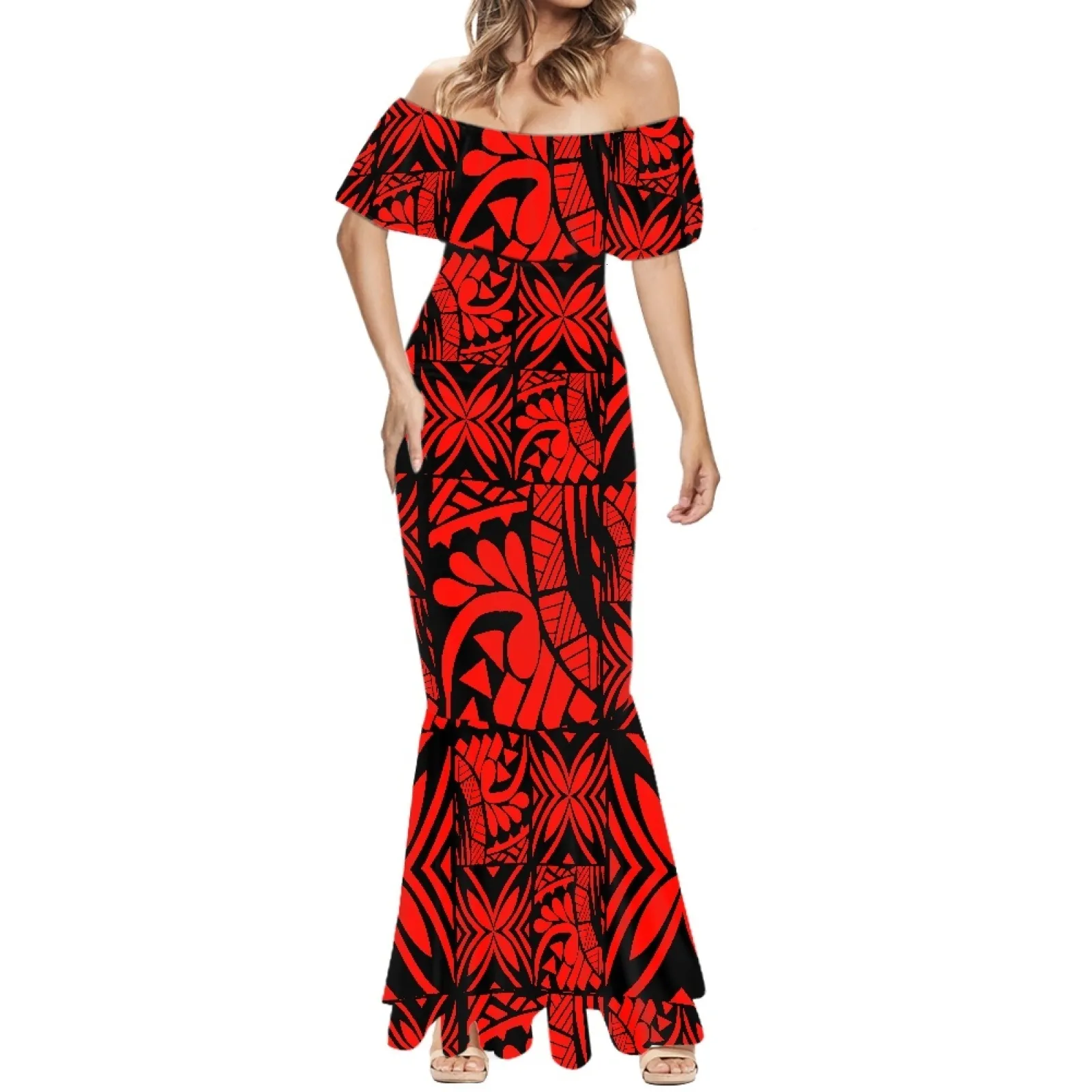 green emerald velvet dress Red and Black Contrasting Polynesian Style Muumuu Dress 8631 4