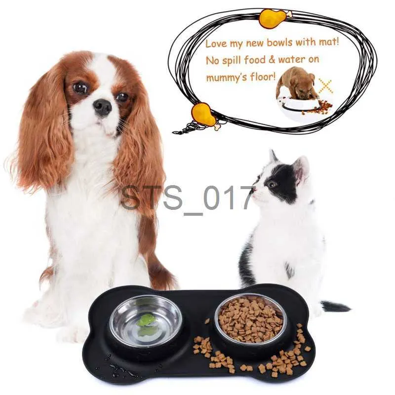 Tigelas para cães Alimentadores Outros suprimentos para animais de estimação Antiderrapante Tigela dupla para cães com tapete de silicone Durável Aço inoxidável sem derramamento Tigela para alimentação de animais de estimação Água potável Alimentador de alimentos x0717 x07