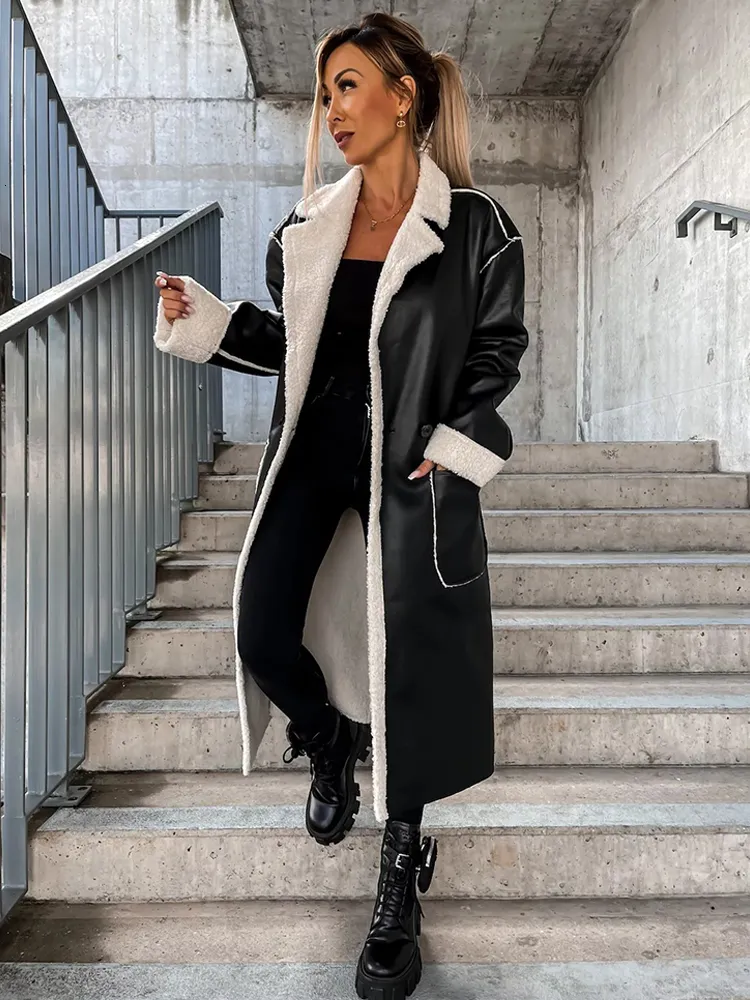 Women's Jacket Faux Leather Paneled Lapel Overcoat 2023 Spring Chic Warm Long Sleeve Loose Female Coats Office Lady Elegant Pocket Coat 230718