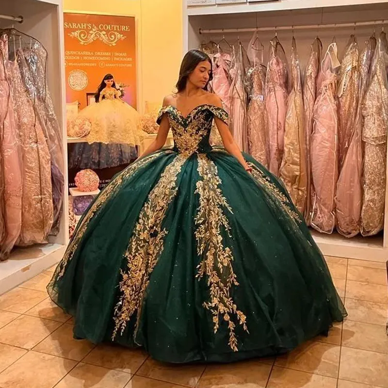 emerald green and gold quince dress Long Quinceanera Glitter Mesh Ball Gown layers spill downward KissProm Ball Gown Organza Off-the-Shoulder