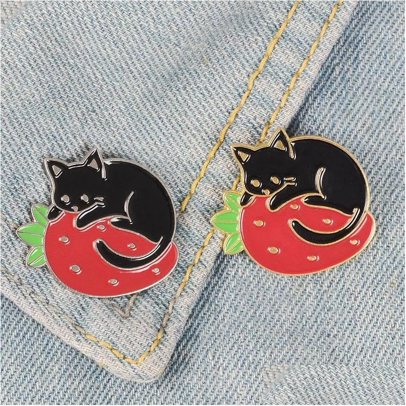 Pins Brooches Gold Sier Cats Enamel Pin Fruit Berry Badge Brooch Bag Clothes Lapel Cartoon Animal Jewelry Gift For Cat Fans Kids Dr Dh1Xn