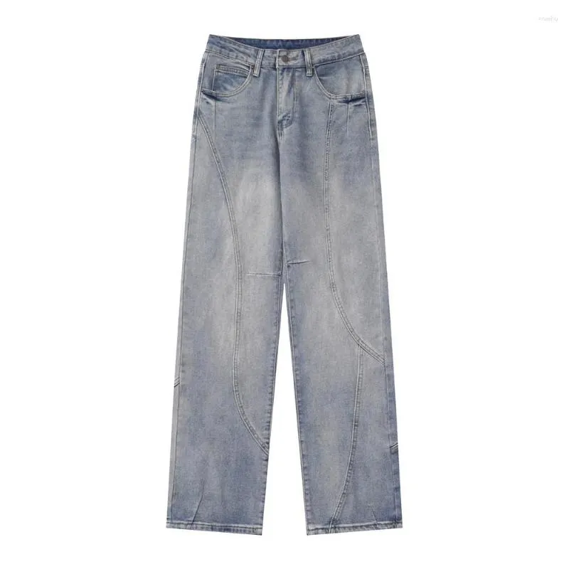 Jeans masculino High Street emendado descolorido homem reto estilo europeu solto oversize jeans lavado perna larga calça casual comprimento total