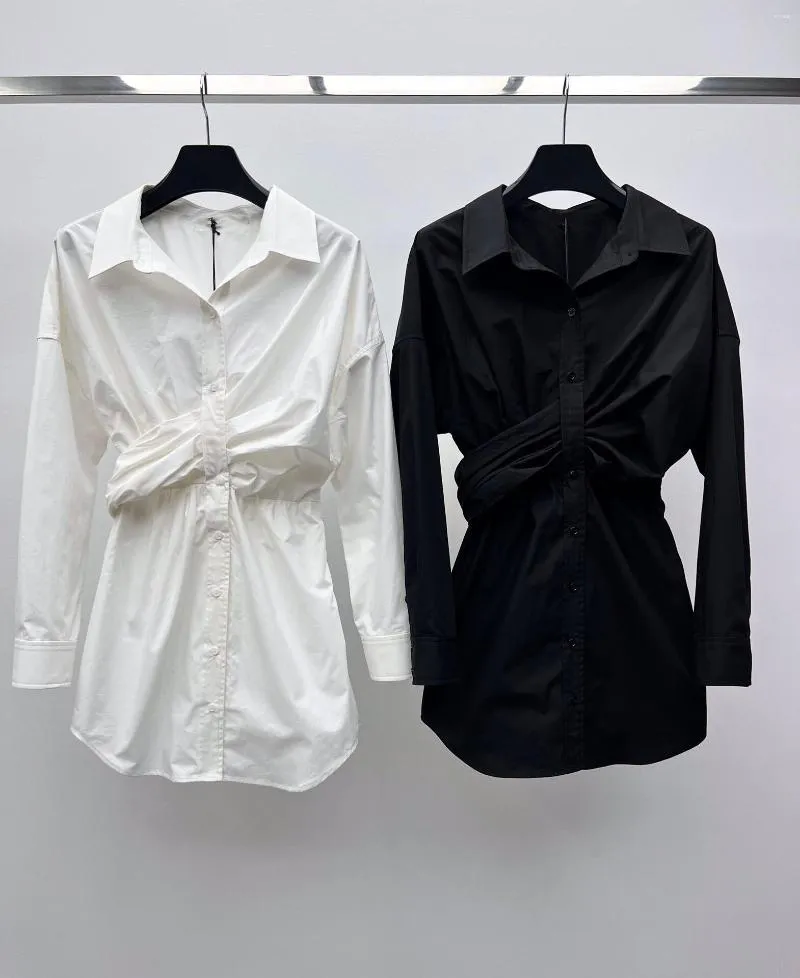 فساتين غير رسمية للنساء ملابس أزياء طويلة الأكمام أبيض فستان أنيقة المكتب سيدات قميص أسود