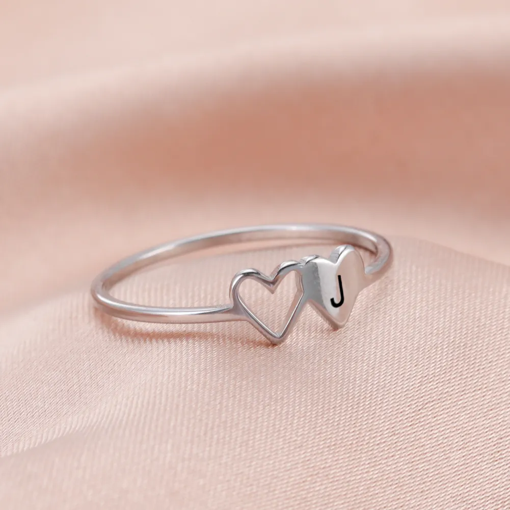 Heart Initial Rings for Women Teen Girls Hearts Stainless Steel Finger Rings Fashion Jewelry Couple Friends Gift New