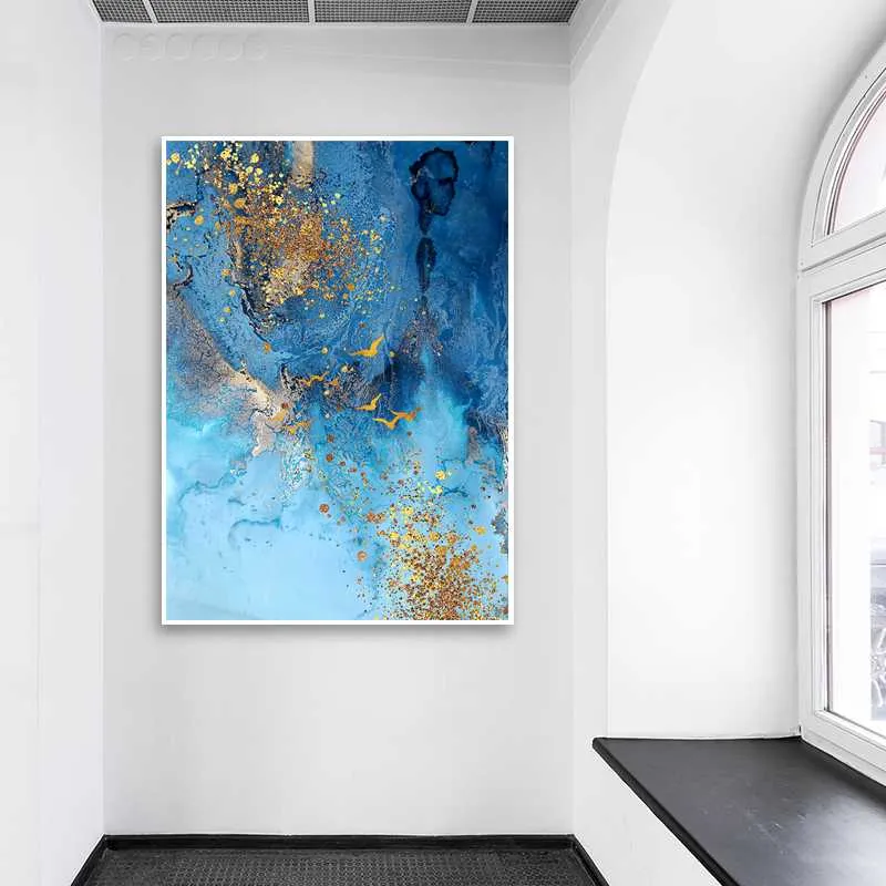 Pinturas Abstrato Céu Azul Lona Pássaro Folha de Ouro Impressões de Arte de Parede Poster Sala de Estar Decoração Casa