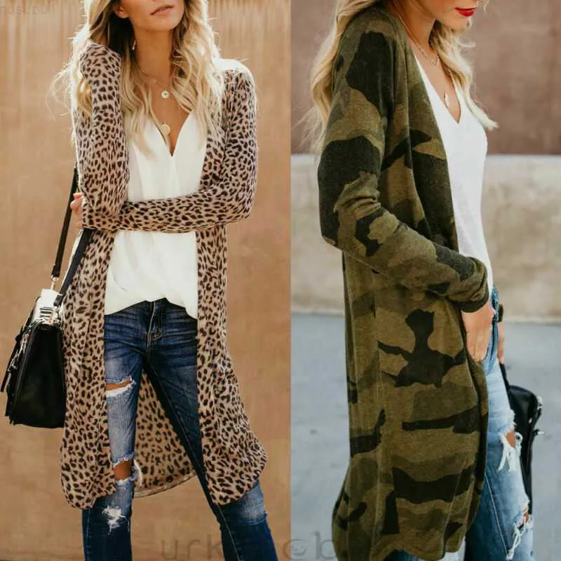 Kadın Sweaters Kadın Leopar Kamuflaj Kimono HARDIGAN Açık ön Boho Camo Uzun Kollu Uzun Maksi Ceket Sıradan Standart Düzenli V Yastığı L230718