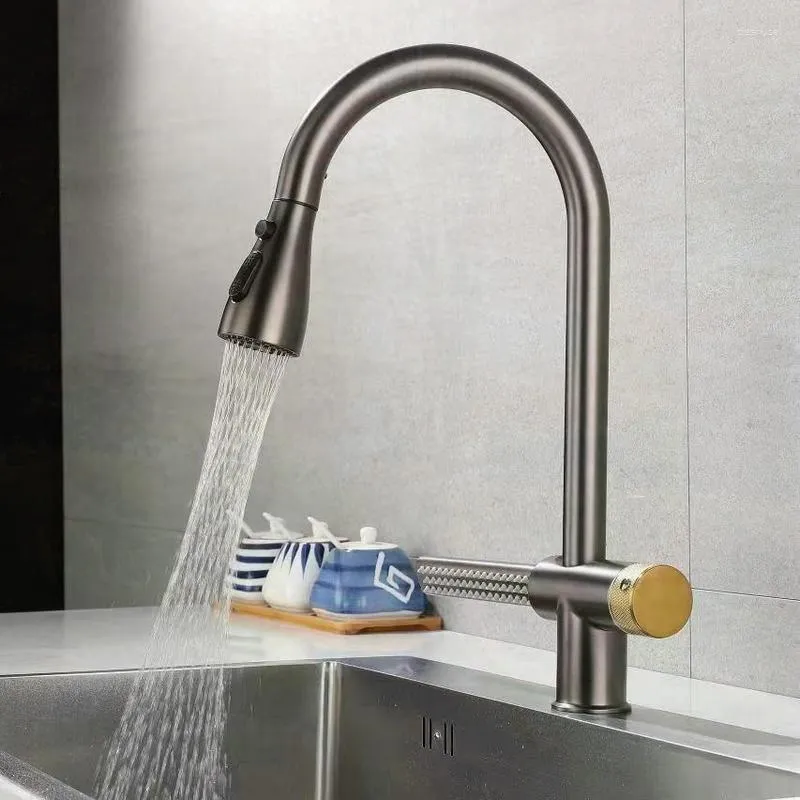 Kökskranar 360 ° Roterbar vattenfall diskbänk kran pistol metall rostfritt stål stilfullt justerbart drag ut med regn sprayer