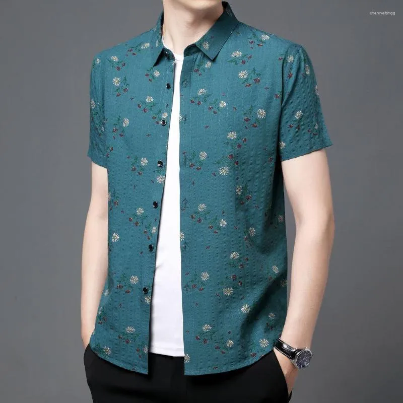 Мужские повседневные рубашки Поло-ворота маленький свежий цветочный принцип с половиной рукава летняя мужская одежда классическая модная рубашка чистая хлопковая топ
