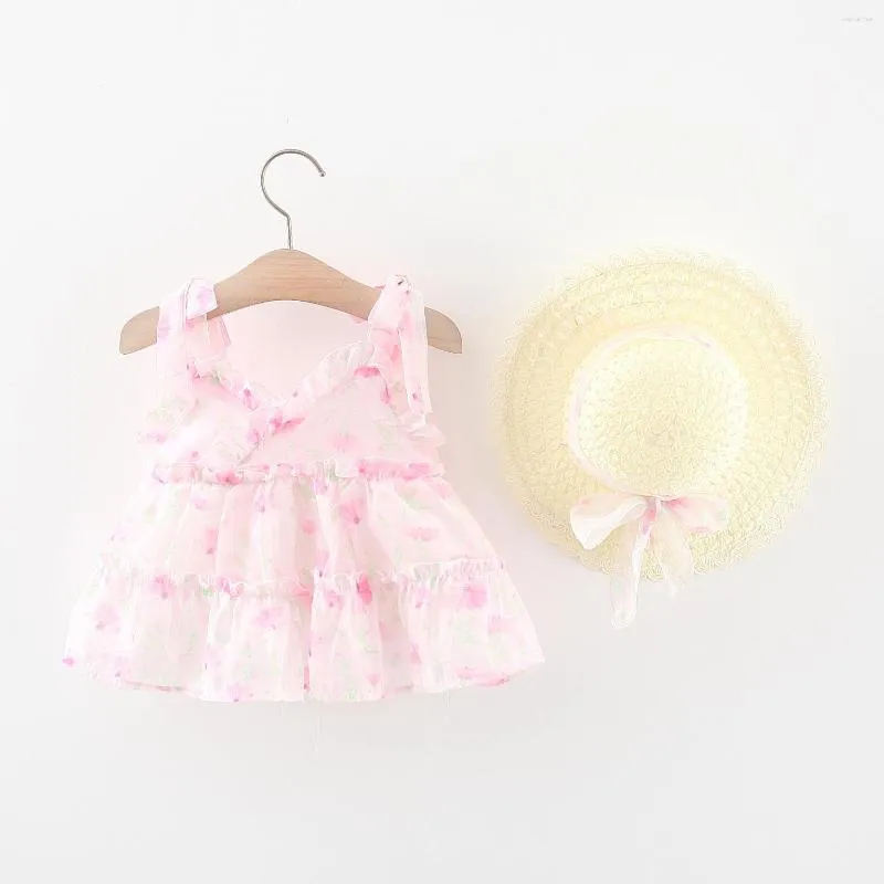 Robes de fille en gros 2023 feuille d'été en mousseline de soie chapeau de paille bébé robe de glissement de plage