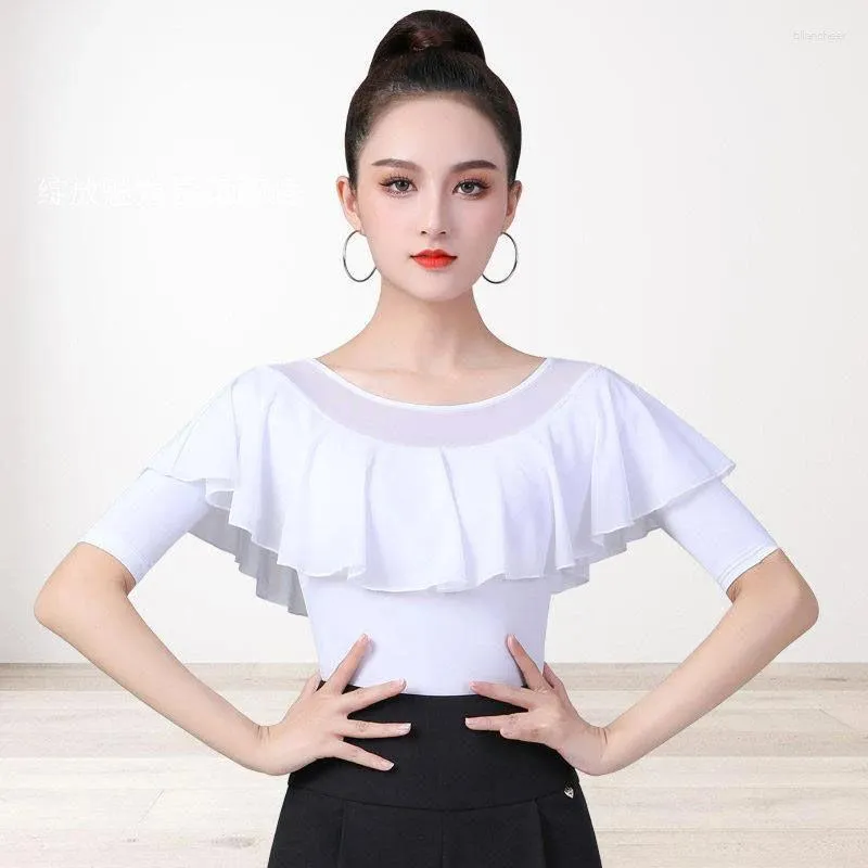 Stage Wear Women Waltz White Top Ruffled Latin Dance Mid-Sleeve Shirt Modern Practice Clothes Lady Samba Clothing