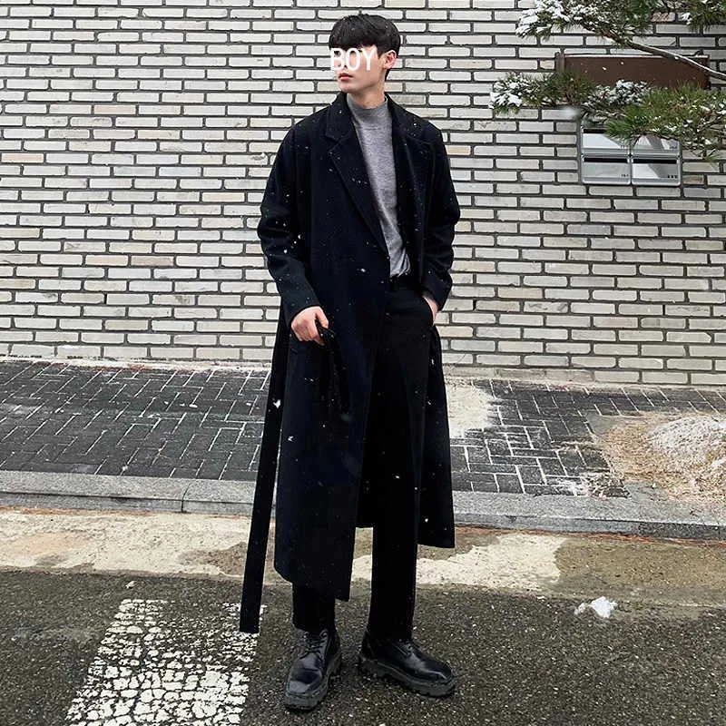 Herr ull blandar koreansk stil bälte trench män klassisk svart casual long vindbrytare vinter tjock vridning krage jacka rockar mode trenchcoat hkd230718