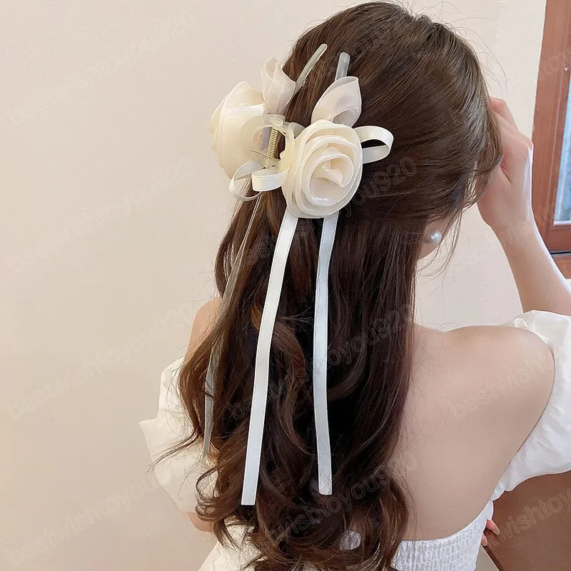 Inlaid Rhinestone Flower Tassel Hair Claws for Women Korean Fashion Luxury Grip Clip Personalized Solid Color Hair Accessories