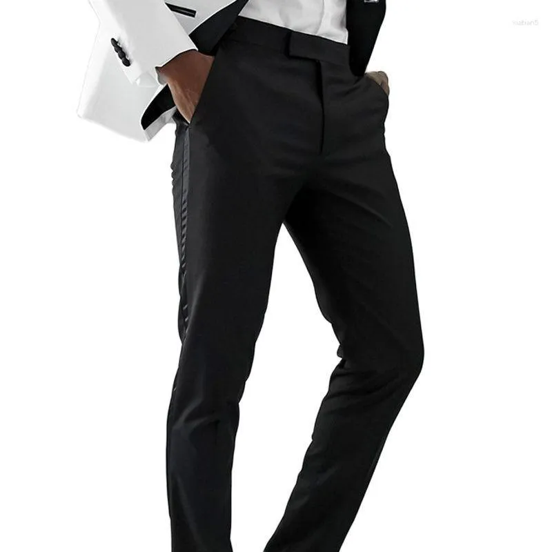 Herrenanzüge Schwarze Männerhosen mit seitlichen Satinstreifen Einteiler Slim Formal Fit Hochzeit Abend Büro Business Casual Smoking Männlich