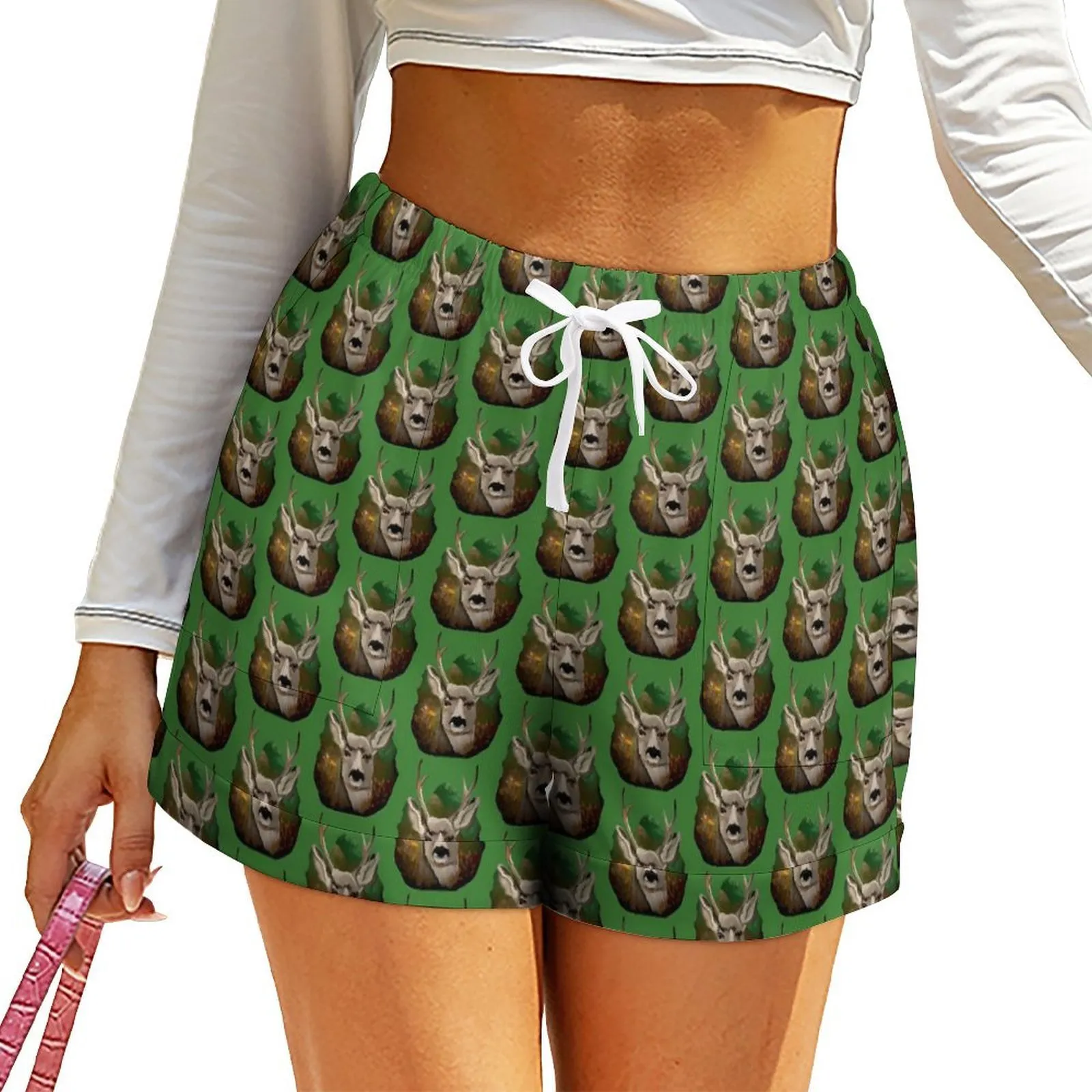 Women's Shorts Deer Print Forest Life Oversized Streetwear Elastic High Waist Kawaii Short Pants Female Custom Pockets Bottoms 230718