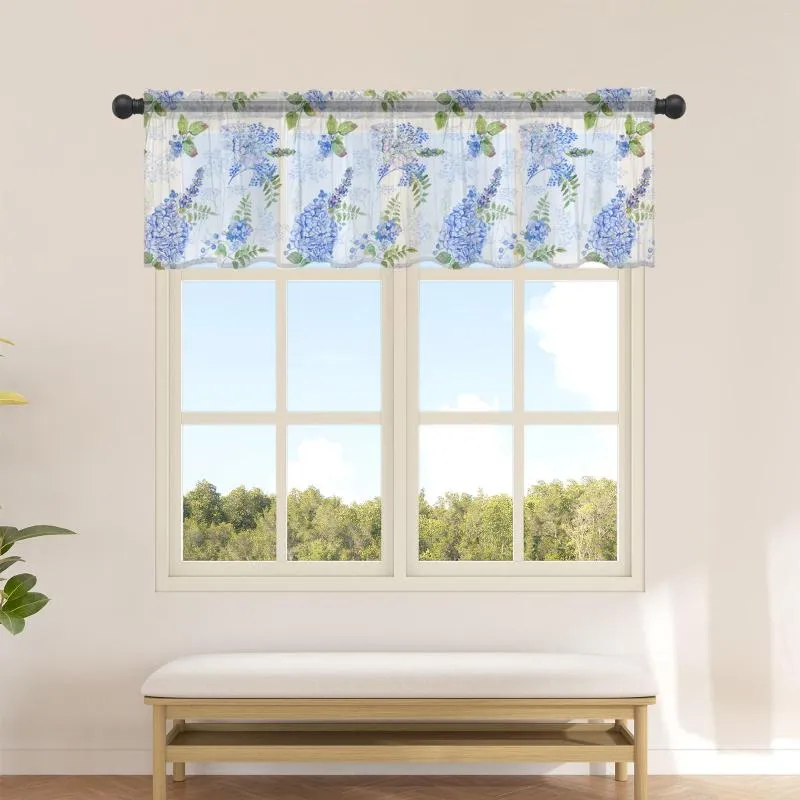 Curtain Watercolor Hortengea laisse des rideaux en tulle courts pour la porte de la chambre à mi-ourte