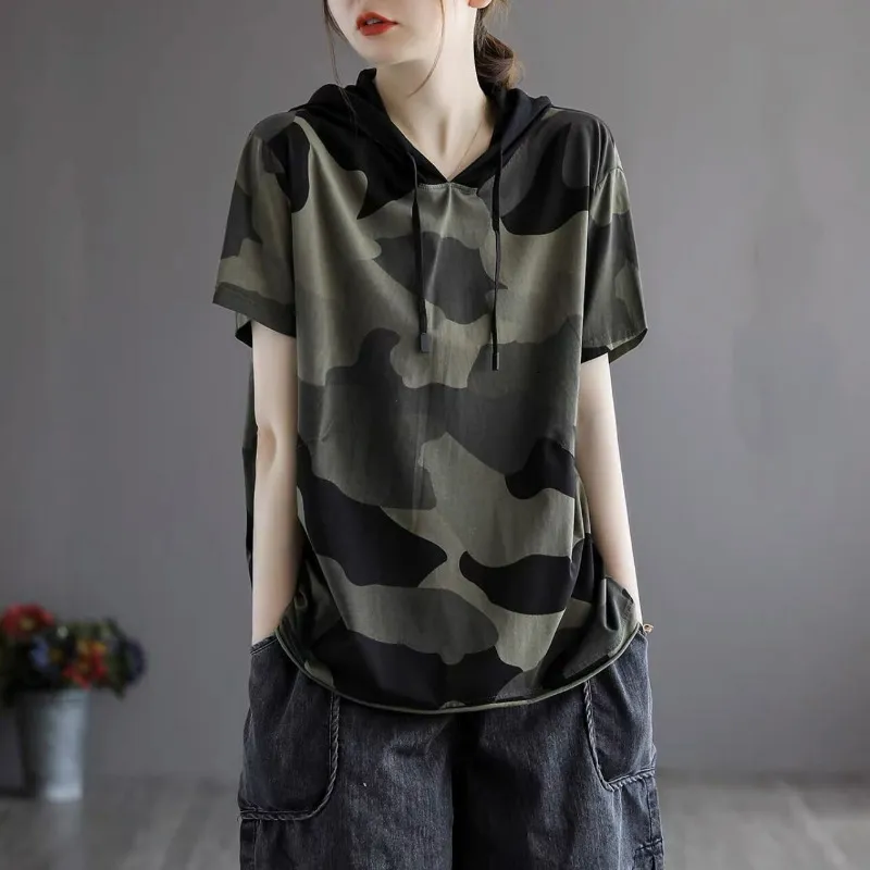 Damen-T-Shirt, Sommermode, Baumwolle, kurzärmelig, Kapuzen-T-Shirt, Frauen, Camouflage-Druck, Kordelzug, Vintage, übergroß, locker, lässig, dünn, Oberteile 230717