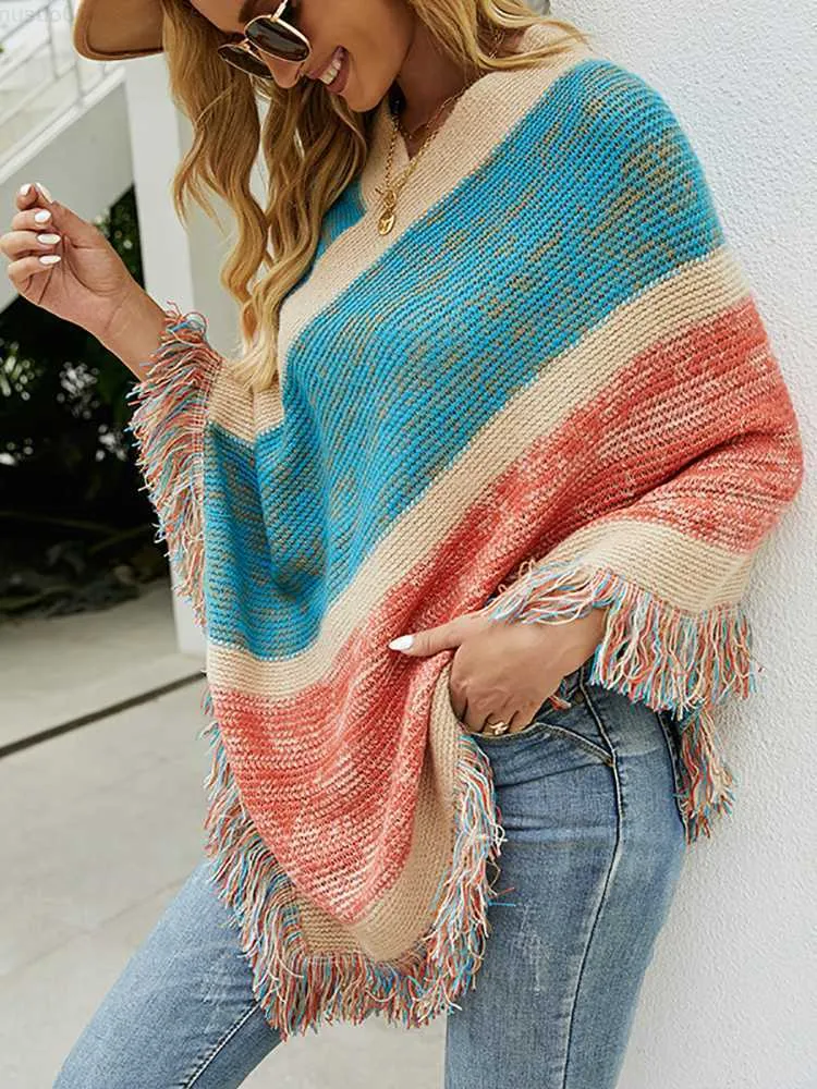 Kadın Sweaters Fitshinling Moda Vintage Capes ve Patchos Patchwork Fringe Boho Sweatwear Kadın Giyim Batwing Sleeve Pelerin L230718