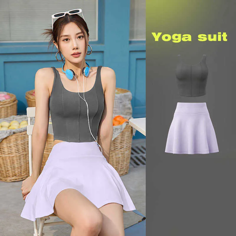 Lulu Set Summer Yoga Suit for Fitness Sports Set Woman Gym Tennis Workout Sportswear Lined Skirt Dance Clothes Outfit Woman Lady