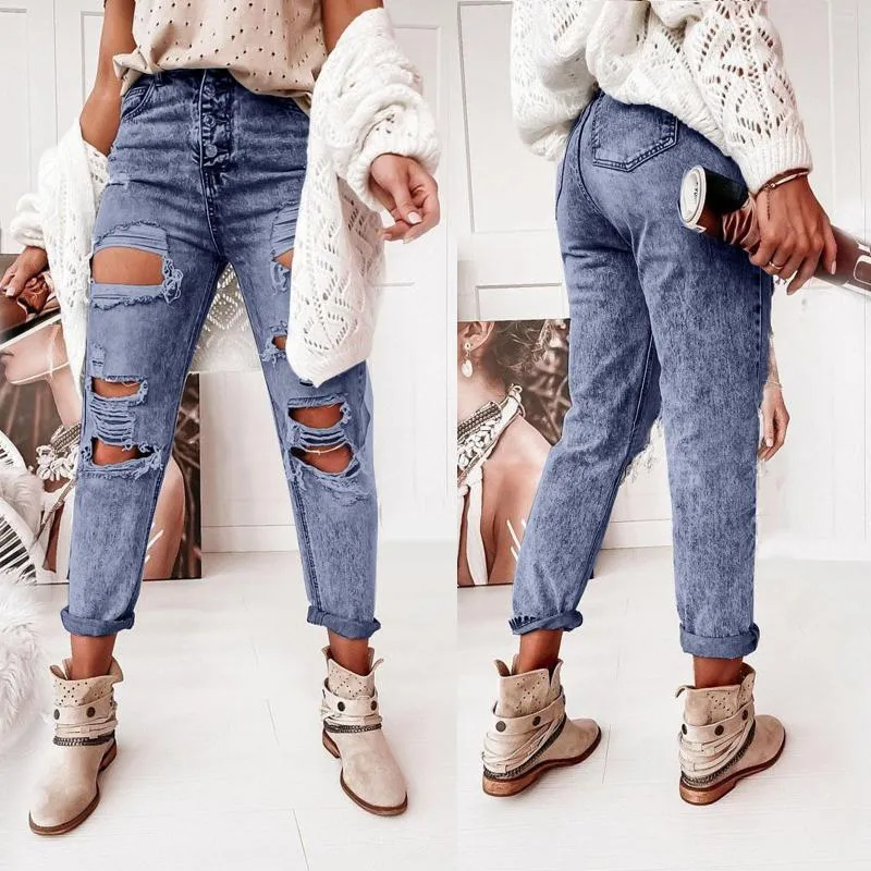 Women's Jeans Denim Button High Waist Pocket Elastic Hole Trousers Slim Pants 90s Vintage Clothes