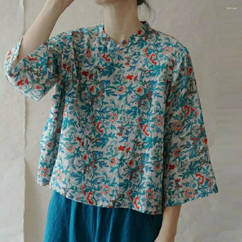 Etnik Giysiler 2023 Yaz Ramie Plaka Düğmesi Çin Daimi Yaka 3/4 Kol Üst Kısa Gömlek Kadın Çiçek Hanfu Bluz Rahat