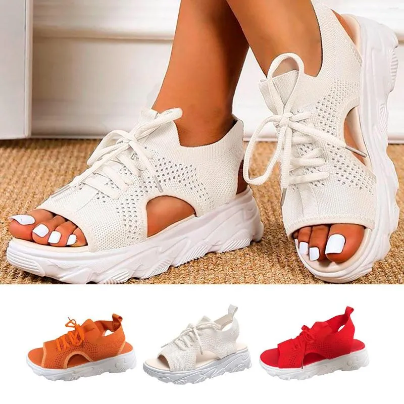 Sandales d'été femmes maille décontracté blanc semelle épaisse à lacets chaussures de plage à bout ouvert