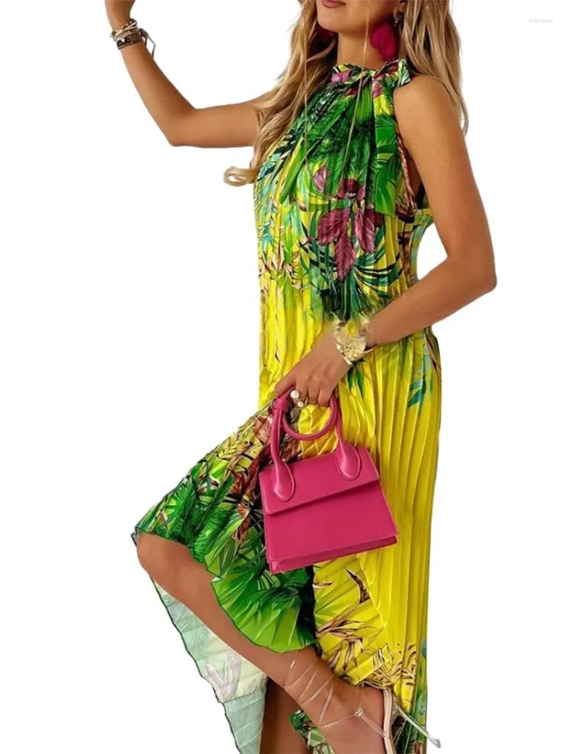 Abiti casual Maxi abito senza maniche con stampa floreale da donna con gonna a pieghe per le vacanze estive