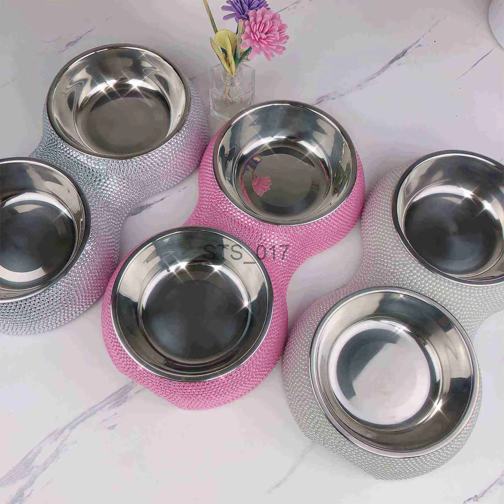 Ciotole per cani Mangiatoie Altre forniture per animali domestici Bling Cat Ciotola per cani Ciotola per cani doppia Antiribaltamento Diamante in acciaio inossidabile Accessori per gatti incrostati Forniture per animali Ciotola per alimenti per animali x07