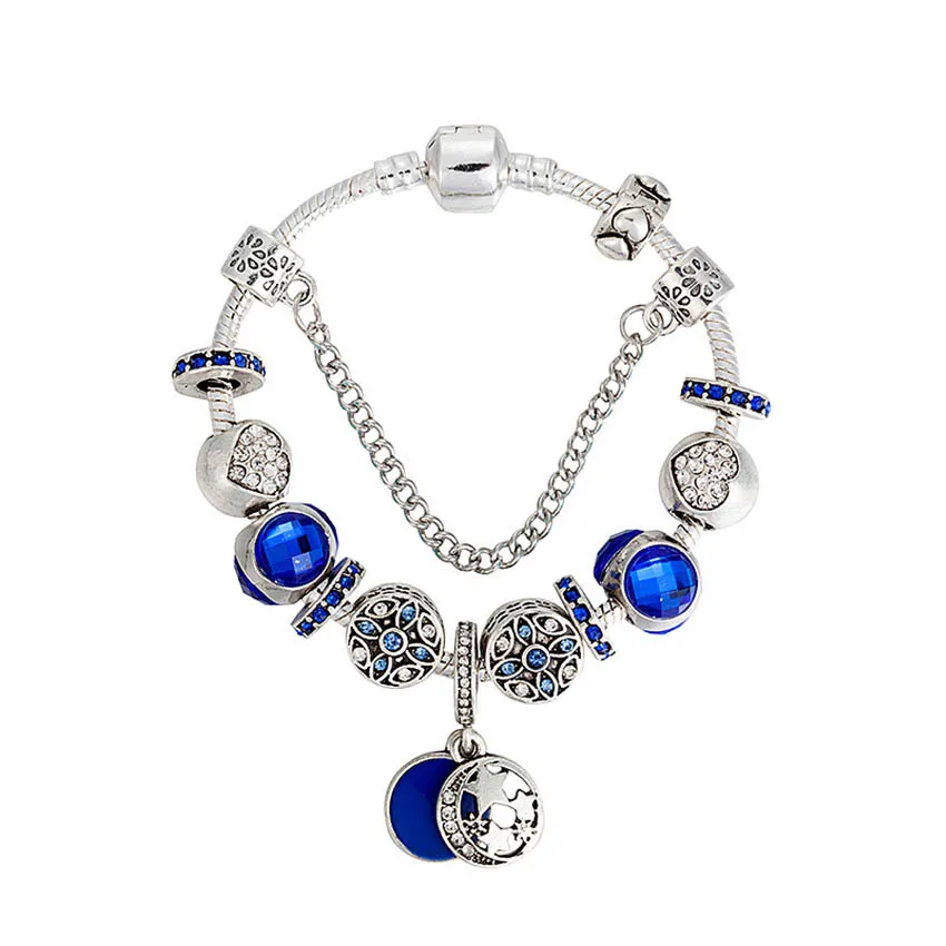 Mond- und Sternanhänger Blaues Charmearmband Set für Pandorade 925 Silberschugelkette Charms Armbänder für Frauen Designer Schmuck Luxusarmband mit O.