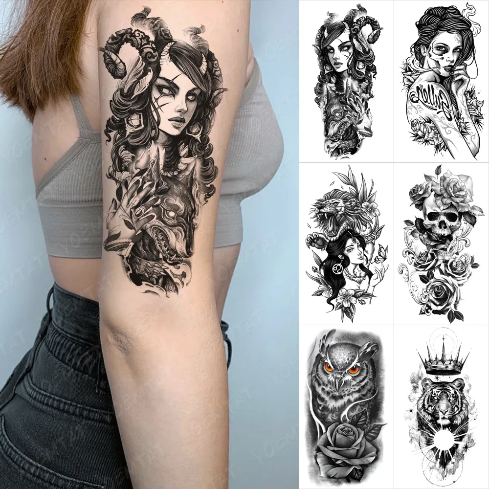 Chicano vattentät tillfällig tatuering klistermärke Evil Witch Medusa Anime Owl Skull Tatoo Women Men Arm Sleeve Body Art Fake Tattoos