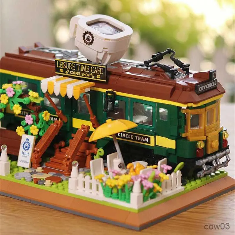 Blokken 1081 Pcs Mini Baksteen Trein Koffie Huis Bakstenen Blokken Cafe Hoek Street View Bouwstenen Speelgoed Voor Kinderen geschenken Speelgoed R230718