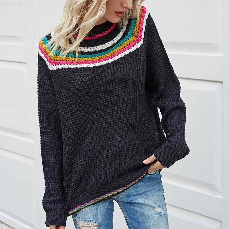 Damenpullover Damen Regenbogen Gestreifte Pullover Herbst Winter Damen Langarm Kontrastfarbe Strickshirt Damen Pullover Tops Jumper L230718