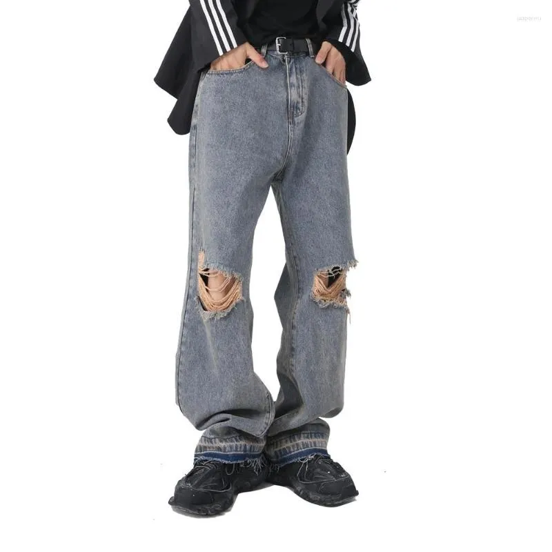 Hommes Jeans Hommes Vieux Déchiré Pour Femmes Streetwear Mode Lâche Casual Hip Hop Trou Vintage Jambes Larges Denim Pantalon Baggy