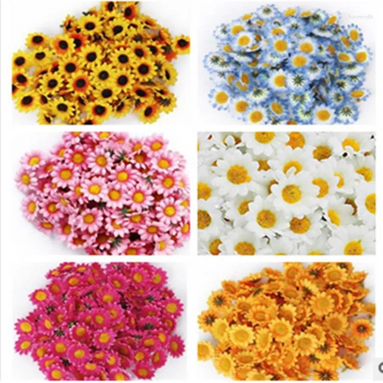 Dekoracyjne kwiaty DIY Garland Materiał 100 małych stokrotek słoneczniki ręcznie zdobione głowy kwiatowe jedwabne sztuczne fałszywe