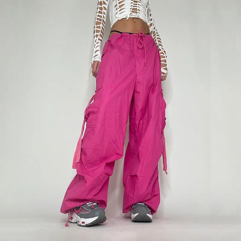 Kadın Pantolon Capris Girls Pink Chute Drawstring Gevşek Büyük Boyutlu Çok Cep Swardpant Kargo Yığın Pantolon Bolgy Paraşüt Pantolon Kadın Sokak Giydirme 230717