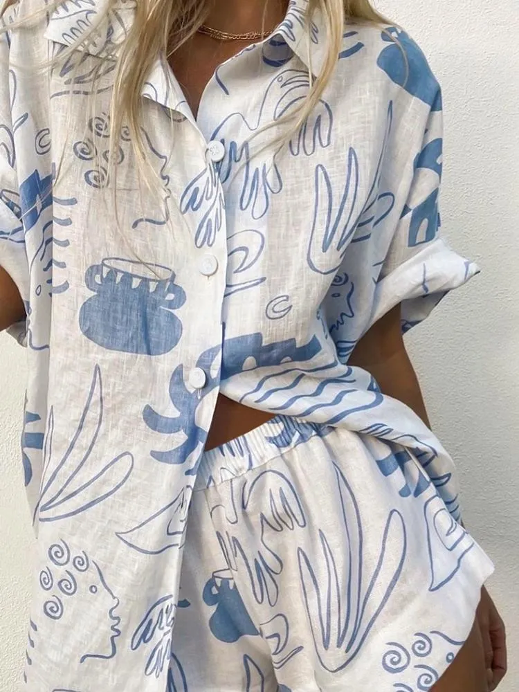 Pijamas femininos Hiloc estampa manga curta ternos casuais femininos com shorts 2023 pijamas de verão soltos roupas para casa conjuntos de 2 peças