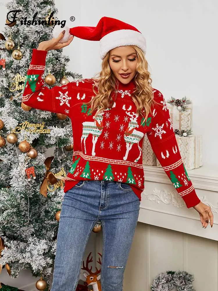 Kvinnors tröjor Fitshinling Red Christmas Sweater Pullover New Year Winter Ful Jumper Knit Tops Elk Xmas Snowflake Fashion Slim Pulls Femme L230718