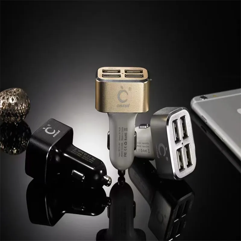 4-port USB Fast Charging Car Charger with Aluminum Alloy Body for Phone and Device Charging