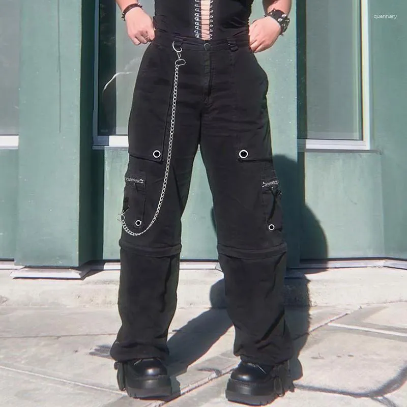 Kvinnors jeans weiyao svarta fickor lastkvinna kedjor punk goth techwear koreansk mode låg midja bred ben denim byxor 2023