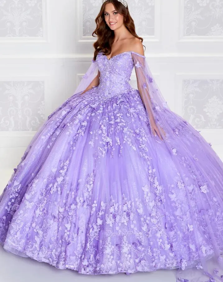 Lavender Princess Quinceanera Dresses with Cape Off Shoulder Floral Butterfly Corset Sweet 15 Gown vestido debutante lilas