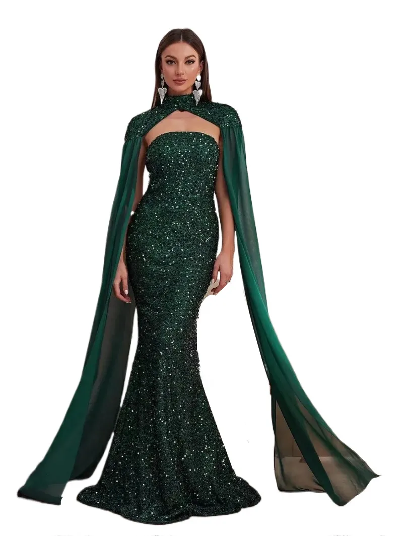 prom dress on black girl Emerald Green Mermaid sexy long Sequins Party Dresses Ruffles Glitter Celebrity Custom Made Crystals Stylish Evening Gowns with shawl