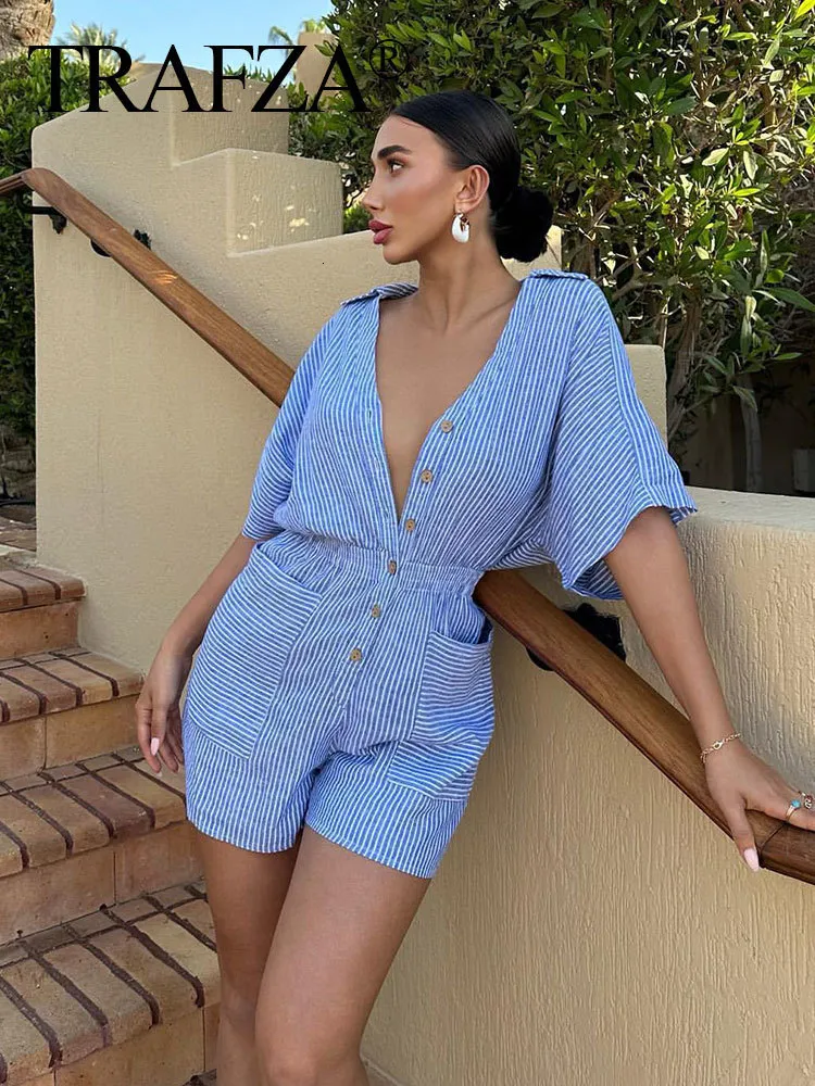 Kvinnors jumpsuits Rompers Trafza Woman Jumpsuit Women Summer Casual Loose Monkey 2023 Short PlaySuit Blue Striped 230718