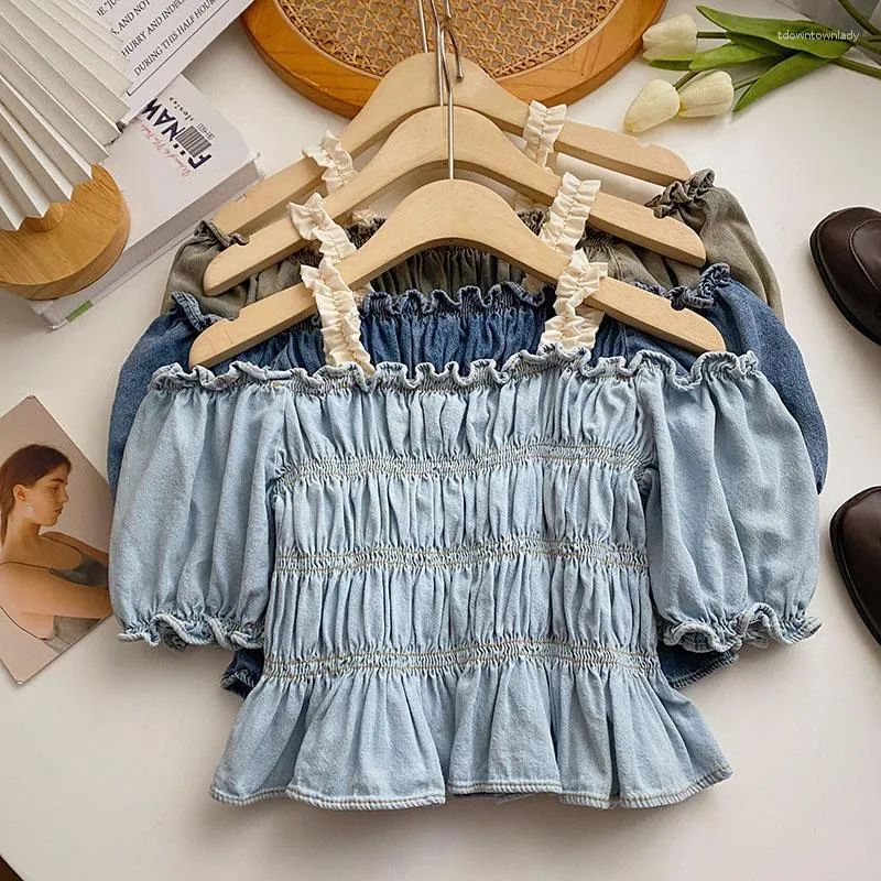 Blouses pour femmes Spaghetti Strap Slash Neck Blosues Pour Femmes Denim Vintage À Manches Courtes Plissée Taille Haute Femme Crop Shirts Tops Mode