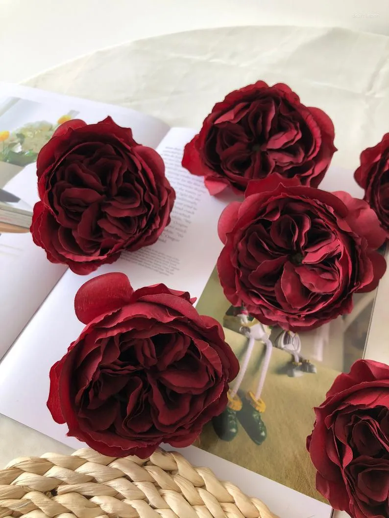 Flores decorativas 10 pçs Borgonha Artificiais Austin Cabeça de Rosa Repolho de Seda Para Festa de Casamento Decoração de Casa