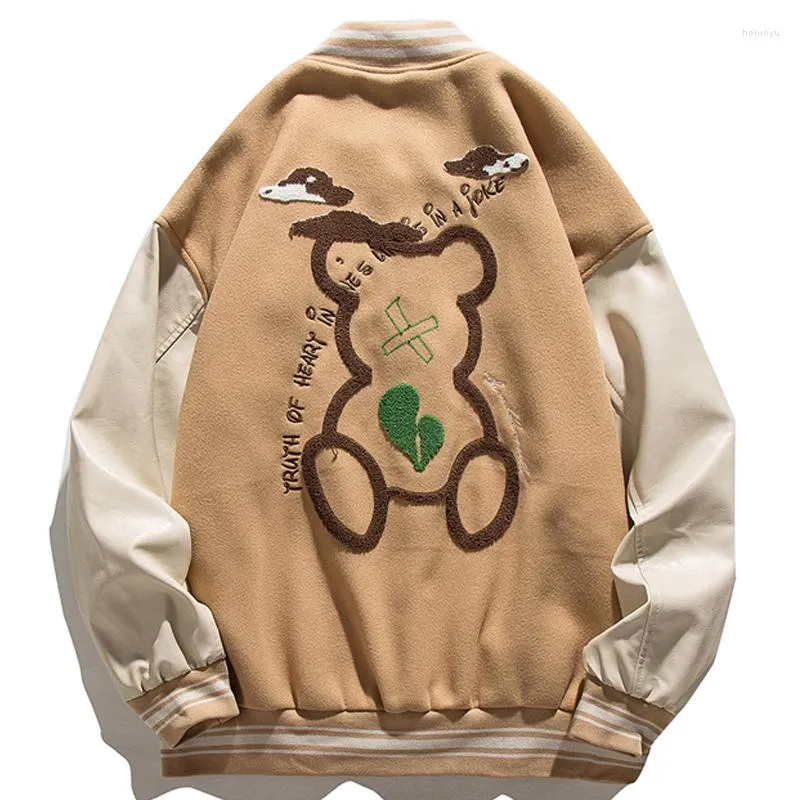 Jaquetas masculinas dos desenhos animados Urso Bordado Varsity Jacket Masculino Japão Harajuku Retro Basrball Uniforme Couro Costura Solto Diário Hip Hop