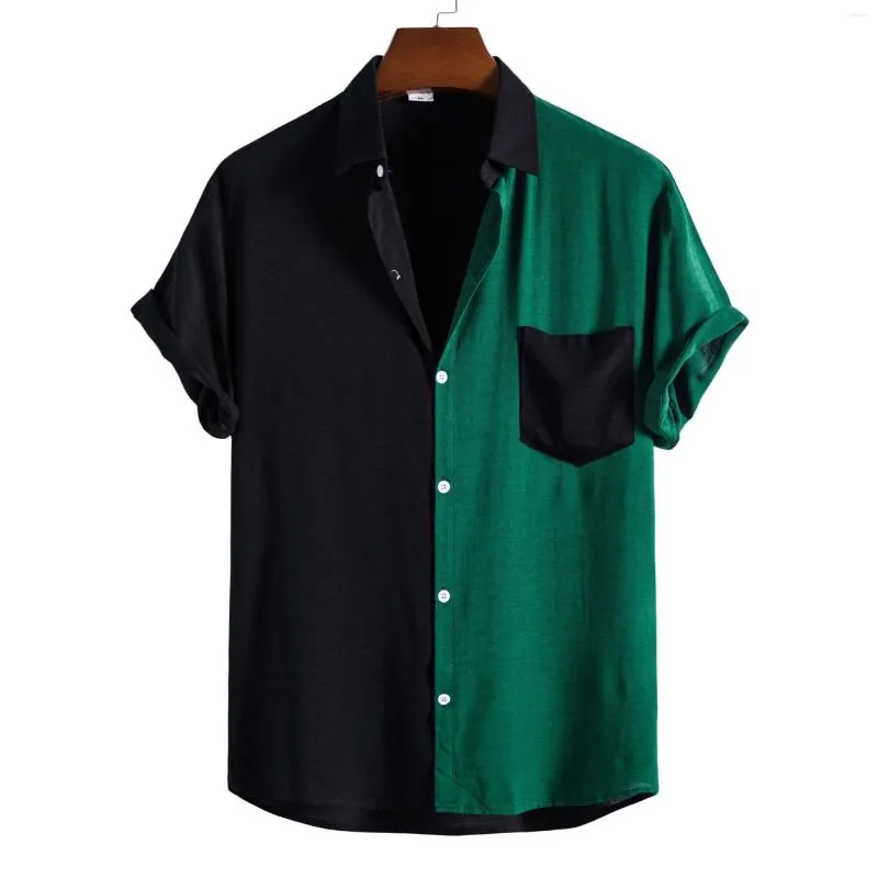 Männer Casual Hemden Jungen Sommer Kurzarm Button Up Grün Rot Retro Hemd Mann Plus Größe Kontrast Farbe Patchwork Streetwear top XXL