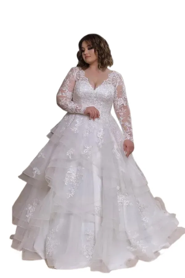 Vestidos de noiva modestos plus size com manga longa e renda com contas, amarração nas costas, saia, vestido de noiva, vestidos de noiva