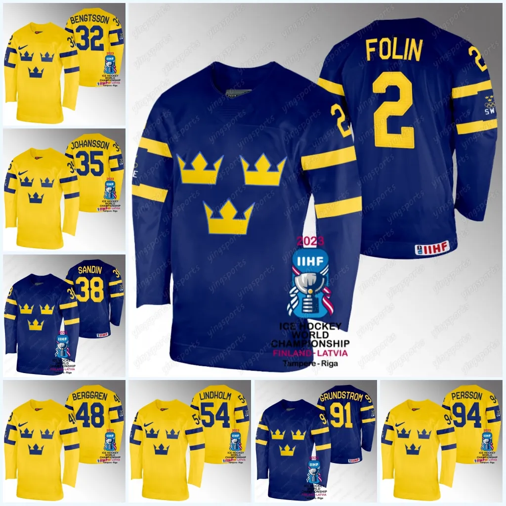 Save Big on Bulk Sweden Jersey Sweden Team Hockey Jersey 2023 IIHF World  Champions #2 Christian Folin 32 Bengtsson 35 Johansson 38 Sandin 48  Berggren